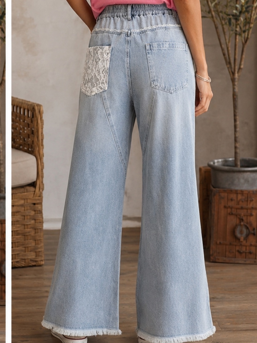 Jodifl Wide Leg Lace & Eyelet Accent Frayed Hem Denim